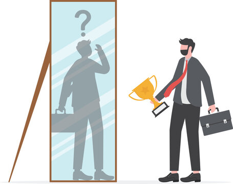 imposter syndrome, businessman looking shadow himself through mirror for Anxiety and lack of self confidence at work vector

