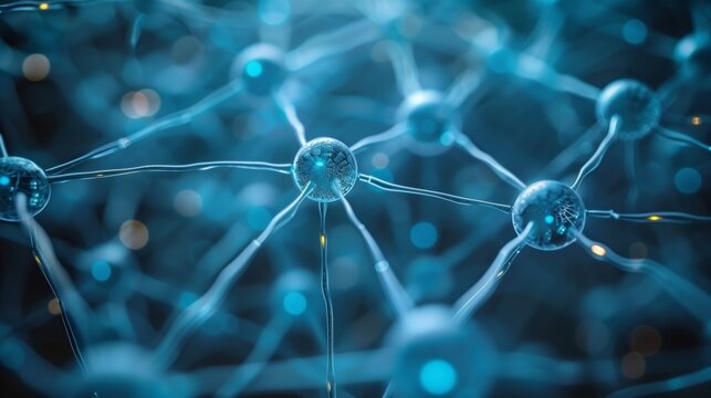 Digital tech backdrop featuring a matrix of interconnected nodes and dynamic data links, resembling a neural network.