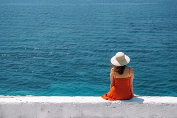 Fototapeta na wymiar A visitor in a sundress perches on a wall, gazing at the endless azure ocean.