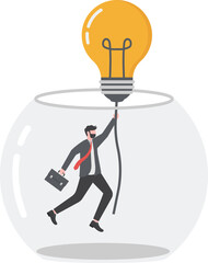 Entrepreneurship escape from routine job, freedom idea to start new business, solution to solve problem concept, smart businessman entrepreneur flying with lightbulb idea balloon escape from fish tank
