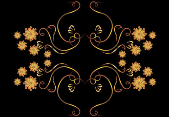 Fantasy symmetrical beautiful pattern. Flowers, leaves, curls. Gold illustration on a black background with space for an inscription. Print on fabric. Postcard with space for an inscription. .