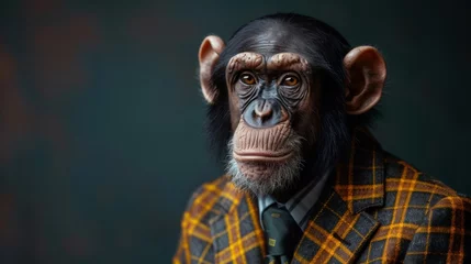 Deurstickers Elegantly suited monkey strikes a stylish pose, embodying the perfect blend of animal charm and human sophistication - Generative AI. © tonstock