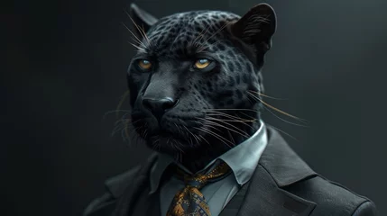 Foto op Plexiglas The regal black panther exudes confidence in his sleek suit and stylish tie, embodying the perfect blend of animal magnetism and human sophistication. © tonstock
