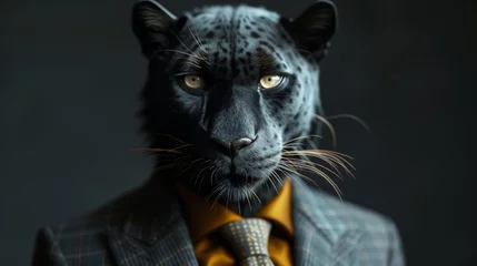 Tuinposter The regal black panther exudes confidence in his sleek suit and stylish tie, embodying the perfect blend of animal magnetism and human sophistication. © tonstock