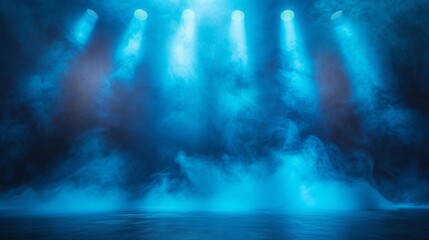 The blue spotlights and warm colored light created a moody atmosphere on the empty stage, while the smoke added a mysterious touch to the concert lighting.