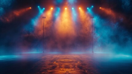 The blue spotlights and warm colored light created a moody atmosphere on the empty stage, while the...