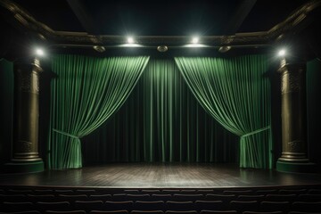 Fototapeta premium Empty theater stage with green velvet curtains and spotlights for congratulations,green velvet curtains draped on a empty stage. wood floor., AI generated