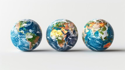 World globes showcasing continents of America, Europe, Africa, and Asia, with space view provided by NASA - 3D illustration on white. - obrazy, fototapety, plakaty