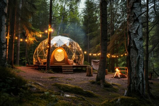 Experience luxury camping in a forest glamping bubble dome, complete with LED lights for a magical nighttime ambiance.