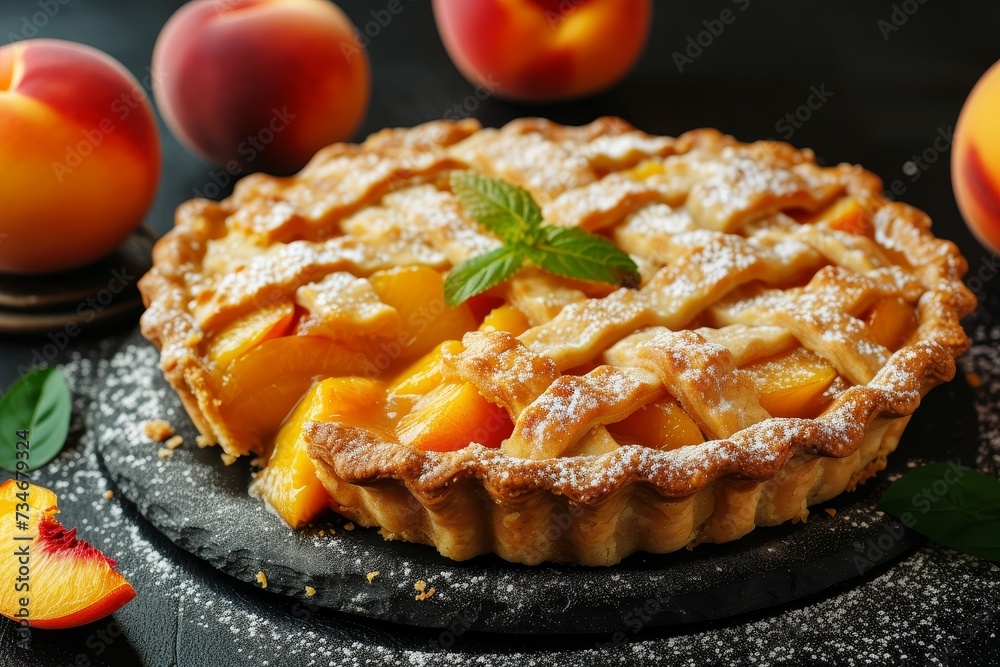 Sticker Delicious peach pie on white background