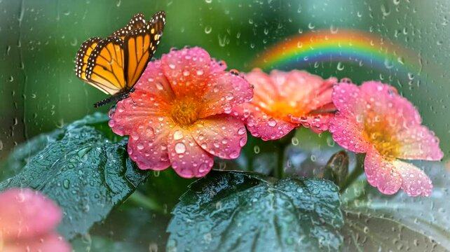 Butterfly on flower with rainbow at drizzling. Seamless looping time-lapse 4k video animation background