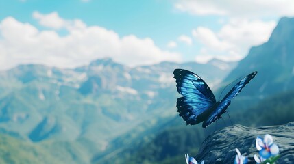 Butterfly in the mountains on a sunny day. 3d rendering, Blue butterfly on the background of the mountains