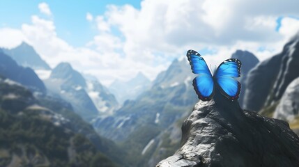 Butterfly in the mountains on a sunny day. 3d rendering, Blue butterfly on the background of the mountains