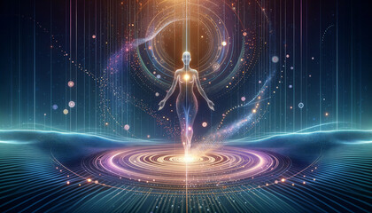 Ethereal post human dissolving into digital particles.