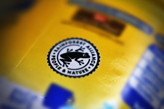 February 13th 2024, Florence, Italy Shot of the Frog icon on a product. Rainforest Alliance symbol. Bill Gates association.