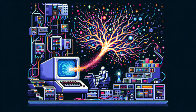 Pixelated deep learning: 80s-style retro video game with AI neural network patterns.