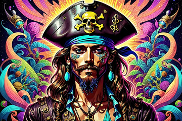 Obraz premium Illustration of a pirate showcasing psychedelic hallucinations in dmt art style.