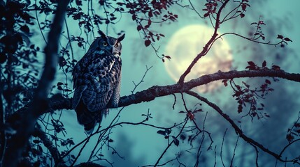 Craft an artistic double exposure of a wise old owl perched amidst the branches of a mystical, moonlit forest