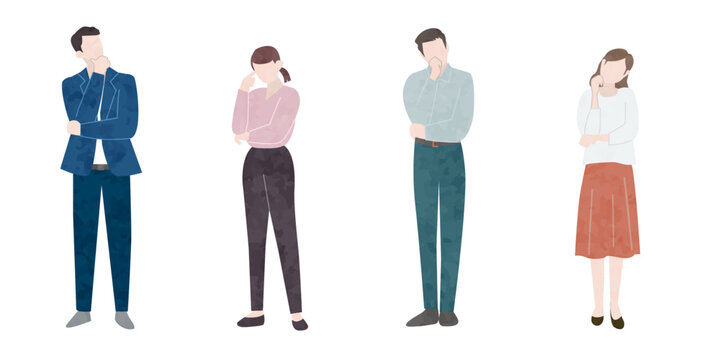 考える、腕を組む人のベクターイラスト、水彩画風の男女のイラスト