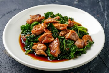 Kale and crispy pork in oyster sauce on plate
