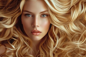 Fototapeta premium Curly long blond hair enhances a woman s beauty