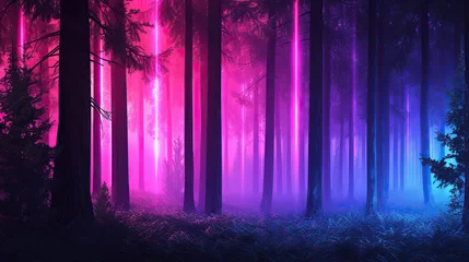 Foto op Plexiglas Fantasy dark forest with fog, path and neon lights. © YULIYA