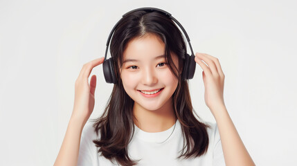 Fototapeta premium Korean girl in headphones isolated on white background.