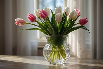 "A stunning bouquet of white and pink tulips, delicately arranged in a crystal vase, surrounded by lush greenery and set against a vibrant spring background. 