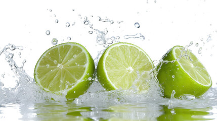 Lime slices and water splash isolated on white background.