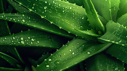 Close-up of Aloe Vera leaves with water droplets.