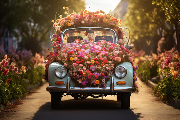 A vintage car with flowers decorated all over it looks cute. Ai generate.
