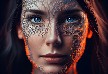 Face with a neural connections. Wallpaper. Generative AI