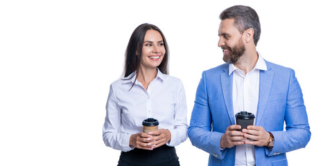 Business colleague at coffee break isolated on white. Businesspeople with coffee. Colleagues having a coffee break in office. Businesspeople at partner meeting. Business coffee meeting. Copy space