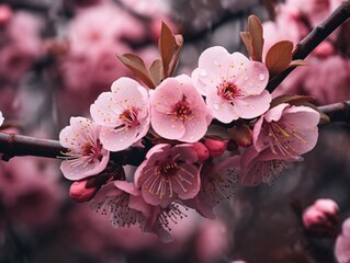Close up view of pink blossoms on a tree
