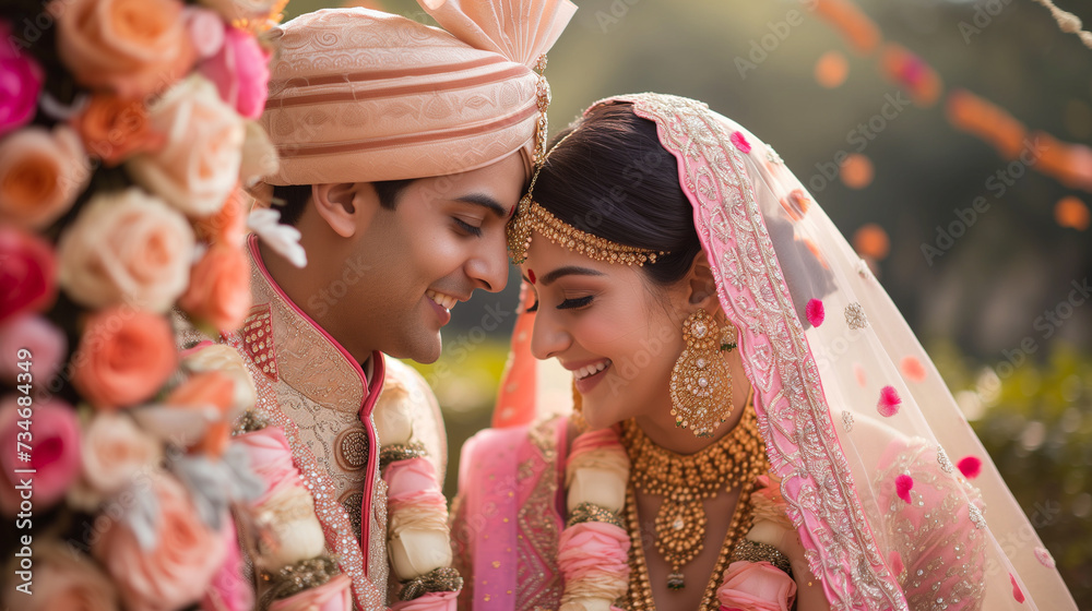 Wall mural cute indian wedding couple in adorable bride and groom portrait. wearing mostly pink traditional att