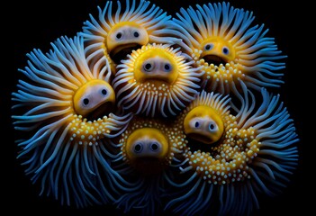 Naklejka na ściany i meble a group of sea anemones with yellow and blue tentacles and eyes, with a black background and a blue background with a yellow border and white border with a black border and white border. Generative AI