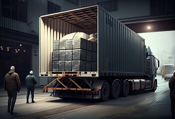 Efficient cargo transport: Loading a large truck with boxes, Generative AI