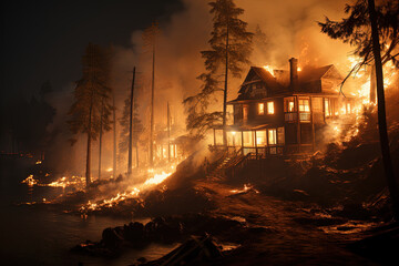 Raging fire consumes solitary house amidst dense, unforgiving woods, creating visually captivating and alarming scene - obrazy, fototapety, plakaty