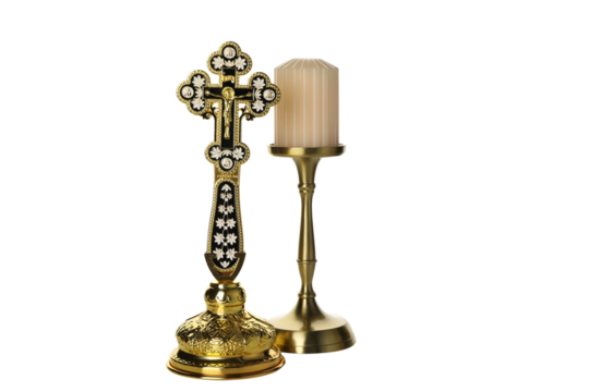 PNG, Candle and golden cross, isolated on white background
