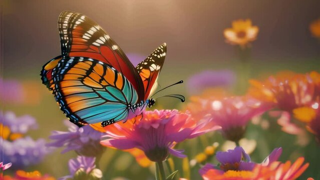 A butterfly gracefully soaring over a vibrant field of blooming flowers