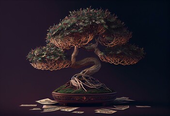 illustration of a bonsai tree with banknote leaves, idea for wealth and prosperity background wallpaper, Generative Ai