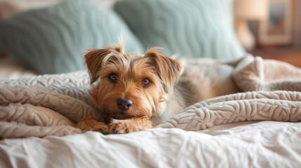 Cute little dog in the bed. Mans best friend, domestic pets. - obrazy, fototapety, plakaty