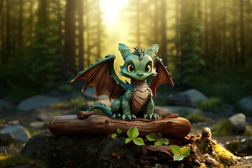 Enchanted Duet: A Tiny Dragon Perches on an Ancient Log