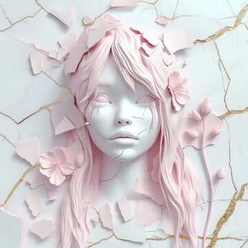 Cracked pink portrait of a girl.