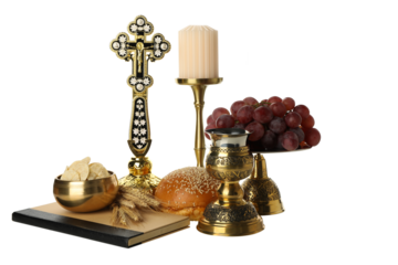 PNG, Bread, grapes, cross, candle and golden cup, isolated on white background