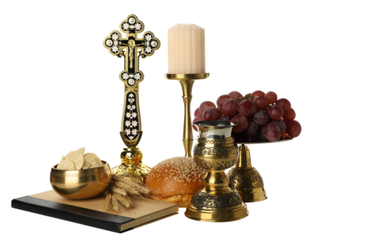 PNG, Bread, grapes, cross, candle and golden cup, isolated on white background