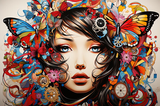 Enchanting painting capturing the essence of surrealism, featuring a woman adorned with a crown of graceful butterflies.