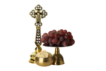 PNG, Bread in bowl, grapes and cross, isolated on white background
