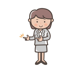 両手で指差しポーズのスーツ姿のビジネスウーマンイラスト