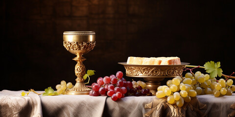 A silver chalice and a bowl of grapes sit on a table, Silver Chalice and Grapes on Table: Eucharistic Symbolism
